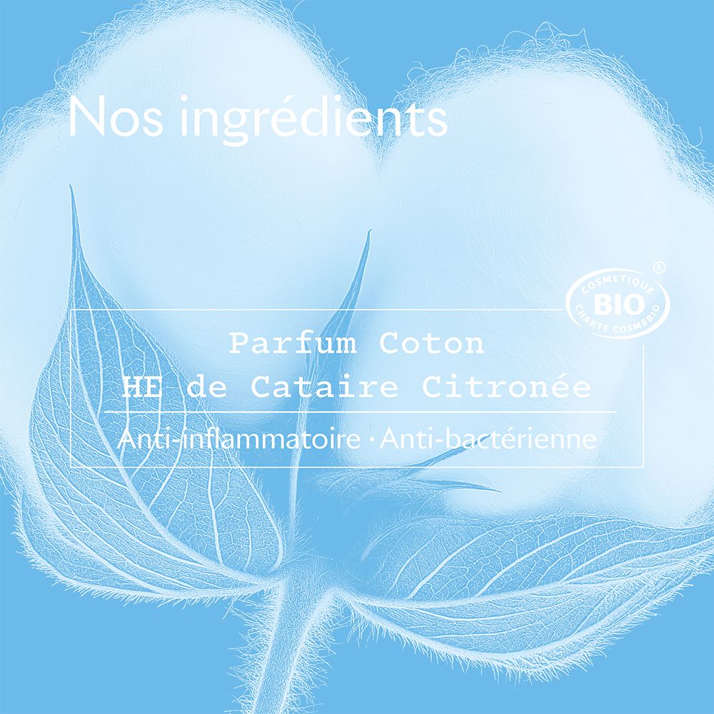 Gros plan d'une fleur de coton. Noms de produits et ingrédients: Parfum Coton, HE de Cataire Citronnée.