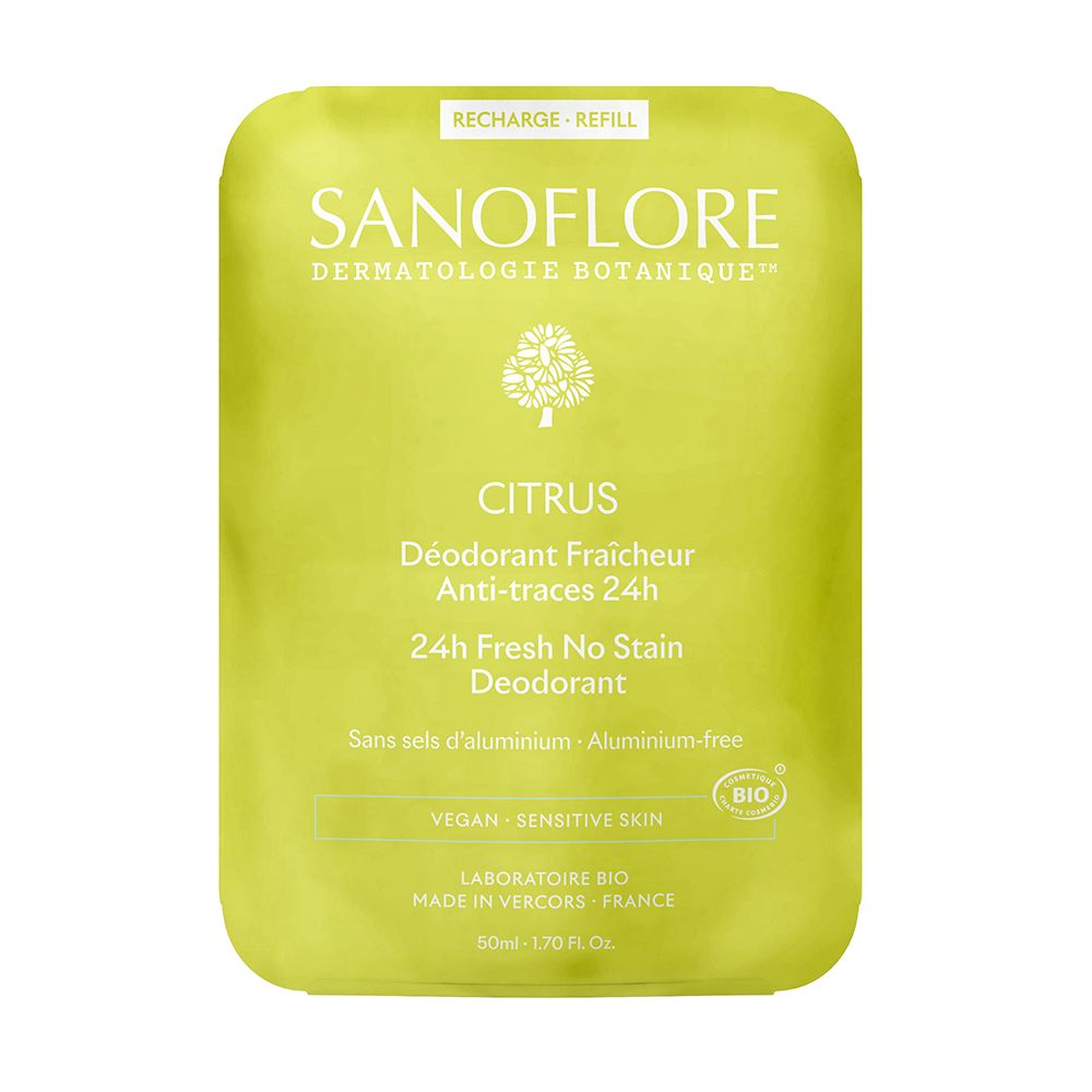 Recharge verte. Logo Sanoflore et nom du produit Citrus. Texte: 24H Fresh No Stain Deodorant, sans sels d'aluminium, vegan, peau sensible.