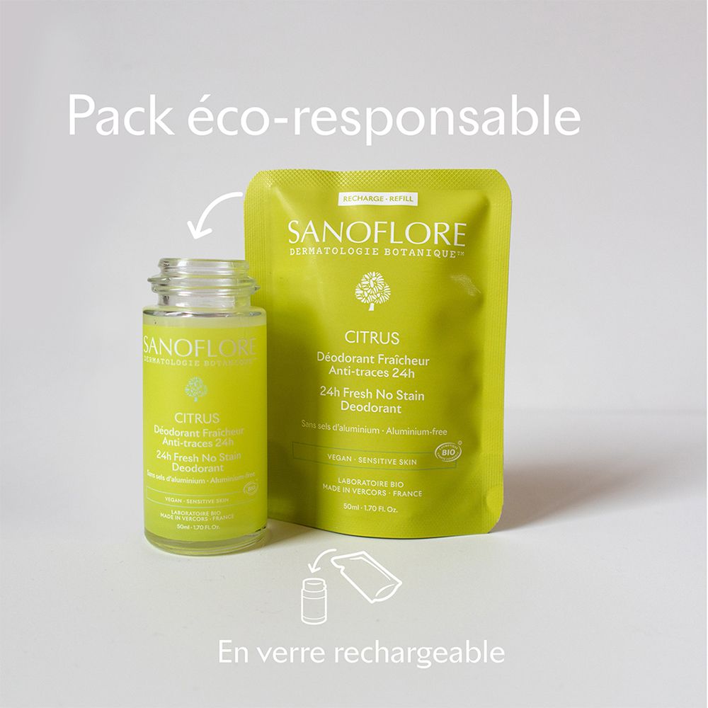 Recharge et flacon en verre vide. Logo Sanoflore et nom du produit Citrus. Texte: 24H Fresh No Stain Deodorant. Emballage éco-responsable.