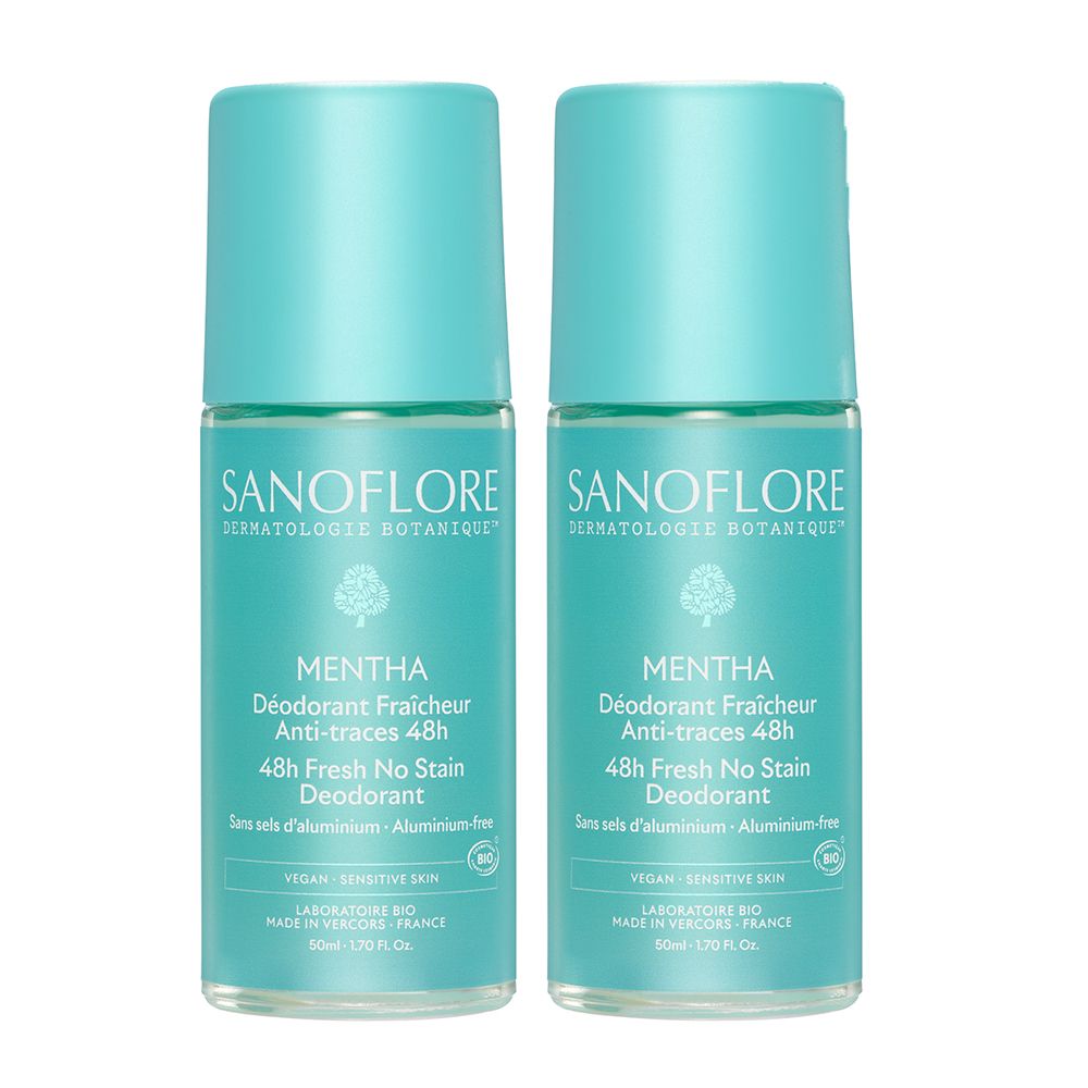 Deux déodorants roll-on. Flacons turquoise, bouchons bleu clair. Inscription : SANOFLORE, MENTHA, 48h.