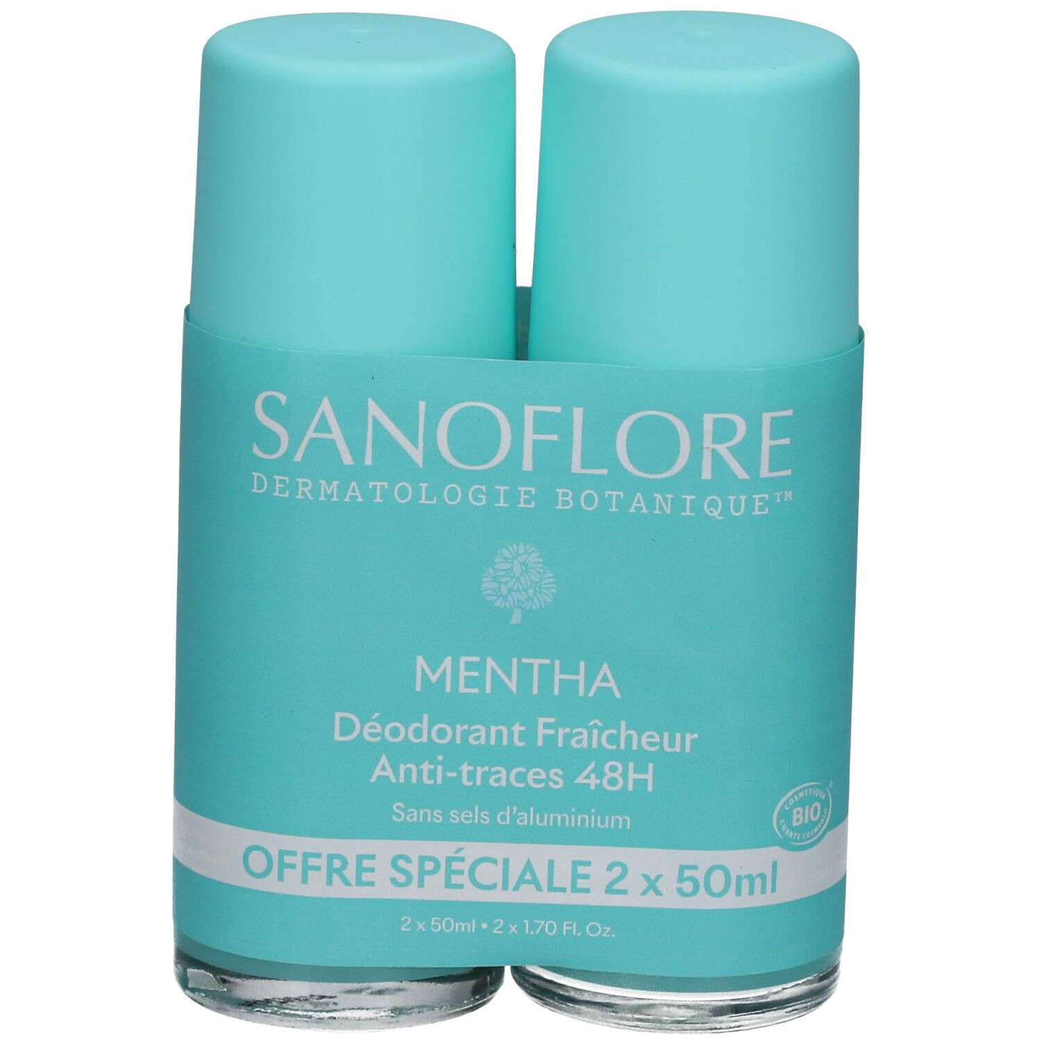 Deux déodorants roll-on turquoise. Inscription: SANOFLORE, MENTHA, 48H, Anti-traces. Label Bio. Offre Spéciale.