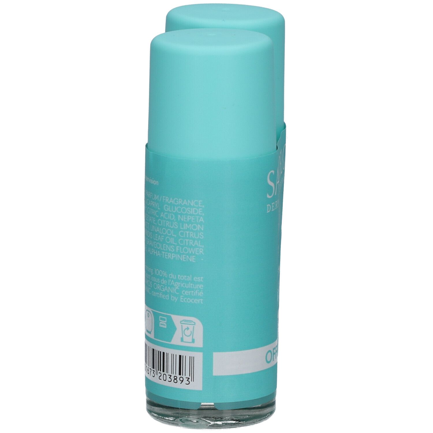 Deux roll-on déodorants turquoise. Inscription: SANOFLORE. Dos avec ingrédients et code-barres. Label Bio.