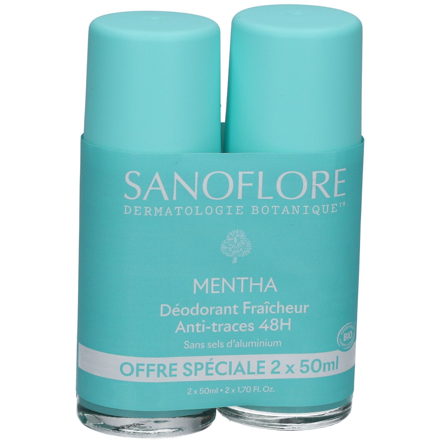 Deux déodorants roll-on turquoise. Inscription: SANOFLORE, MENTHA, 48H, Anti-traces. Label Bio. Offre Spéciale.