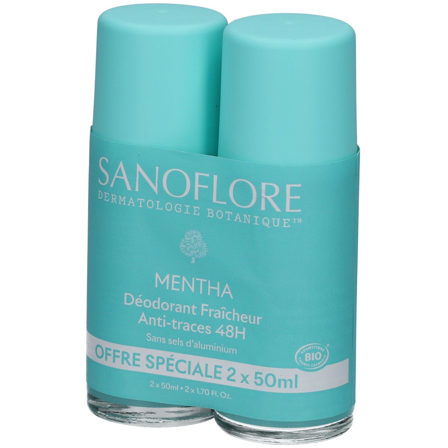 Deux déodorants roll-on turquoise. Inscription: SANOFLORE, MENTHA, 48H, Anti-traces. Label Bio. Offre Spéciale.