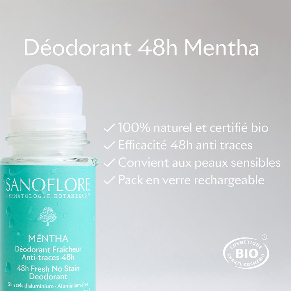 Déodorant roll-on. Texte : Déodorant 48h Mentha. 100% naturel et bio. Convient aux peaux sensibles.