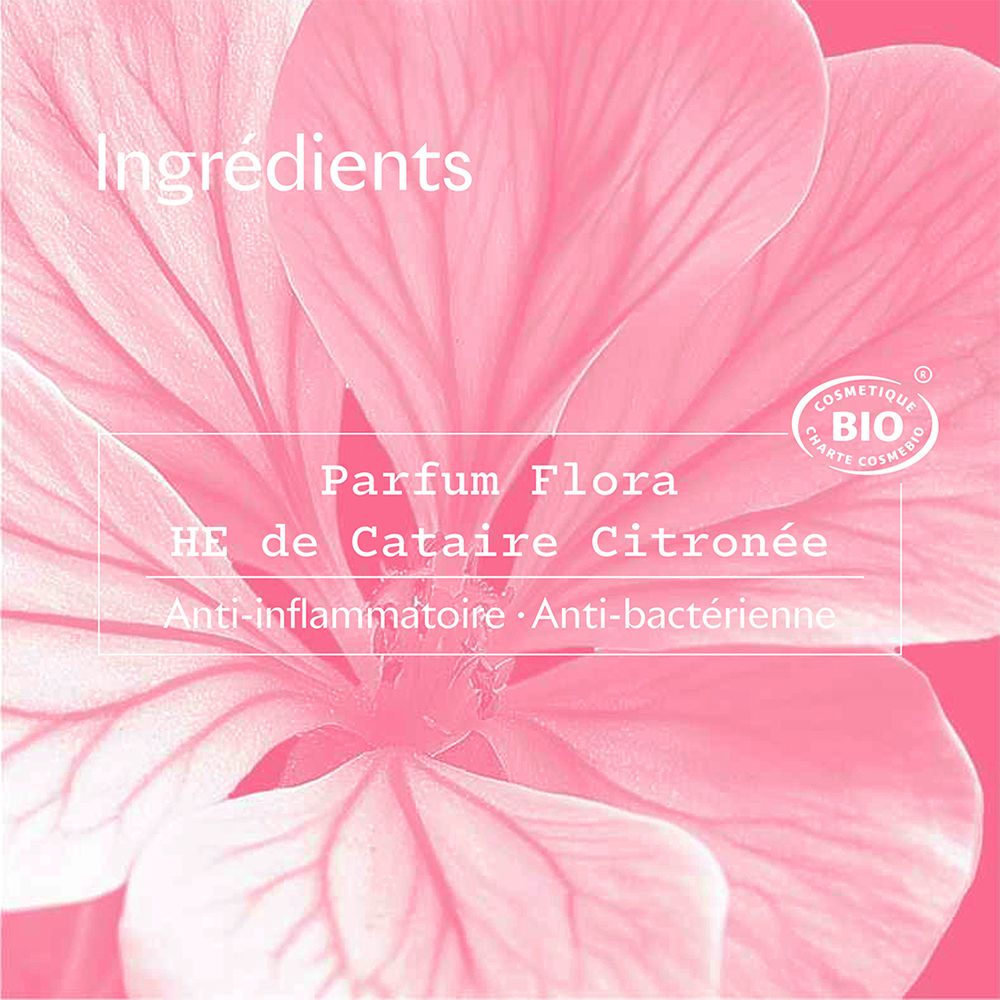 Pétale rose avec texte: Parfum Flora, HE de Cataire Citronnée. Anti-inflammatoire, antibactérien. Certification bio.
