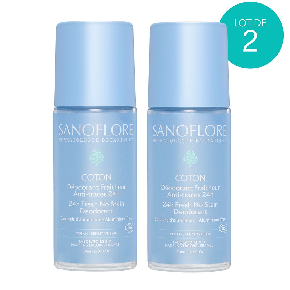 Deux déodorants roll-on bleus. Inscription : Sanoflore, Coton, 24H Fresh No Stain Deodorant. Sans sels d'aluminium. Pack de 2.