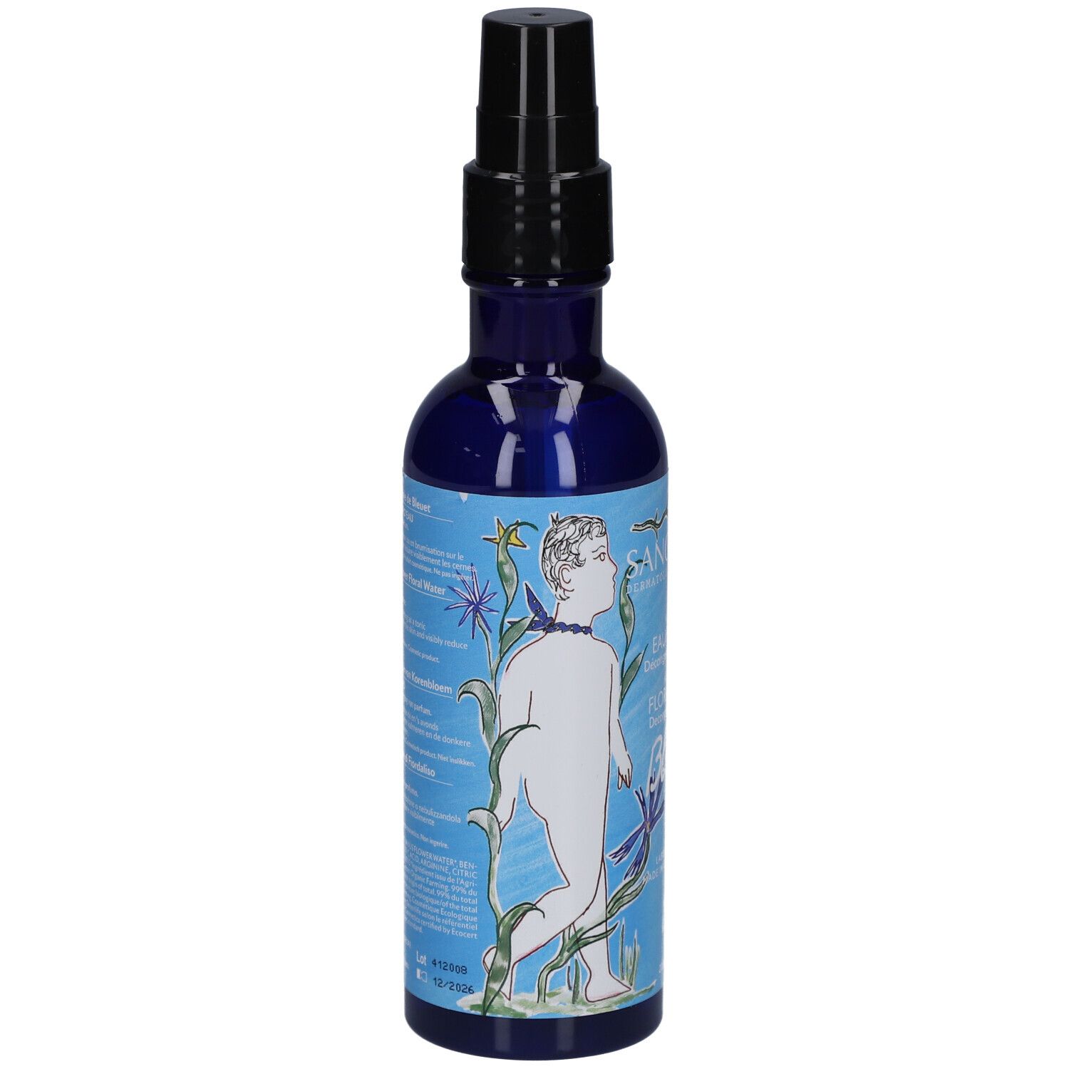 Flacon bleu avec vaporisateur noir. Impression avec une personne et des plantes.