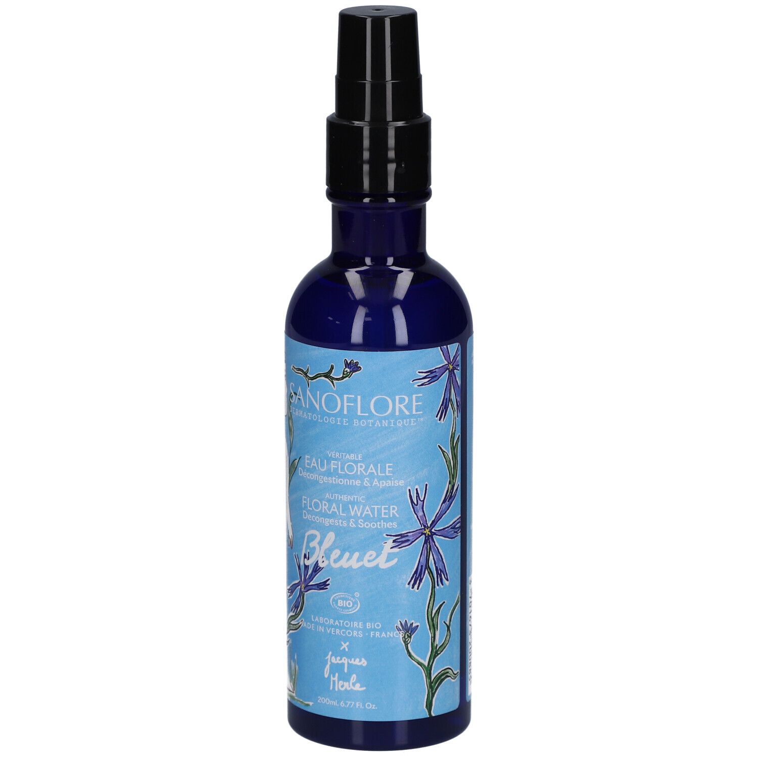 Flacon bleu avec vaporisateur noir. Inscription: SANOFLORE, Eau Florale, Bleuet. Certification bio.