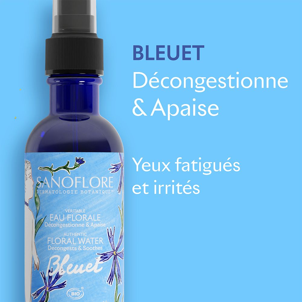 Gros plan sur la bouteille. Texte : 'BLEUET' et 'Dégongestionne & Apaise'. Pour les yeux fatigués et irrités.