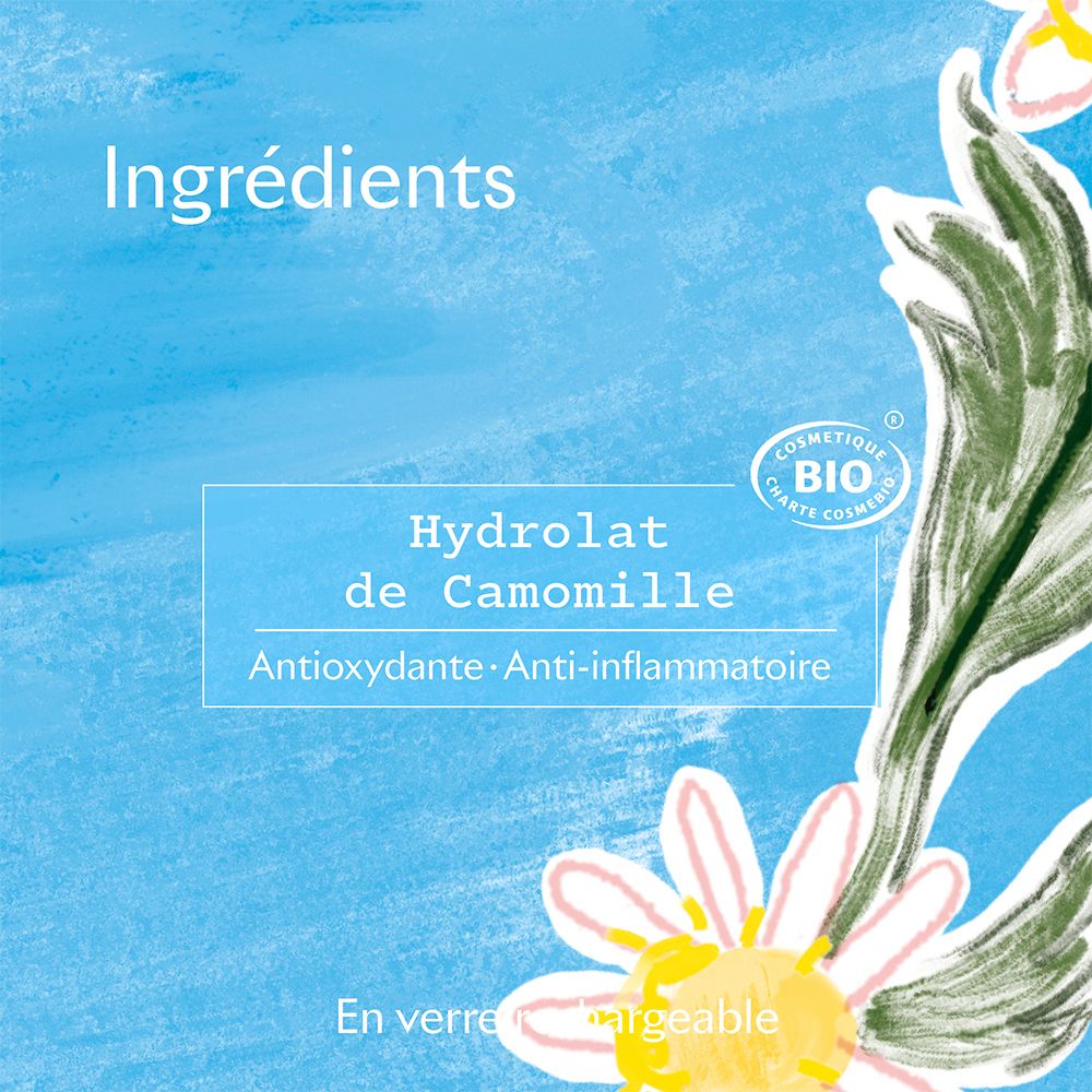 Texte: Ingrédients, Hydrolat de Camomille, Antioxydante, Anti-inflammatoire. Certification bio.