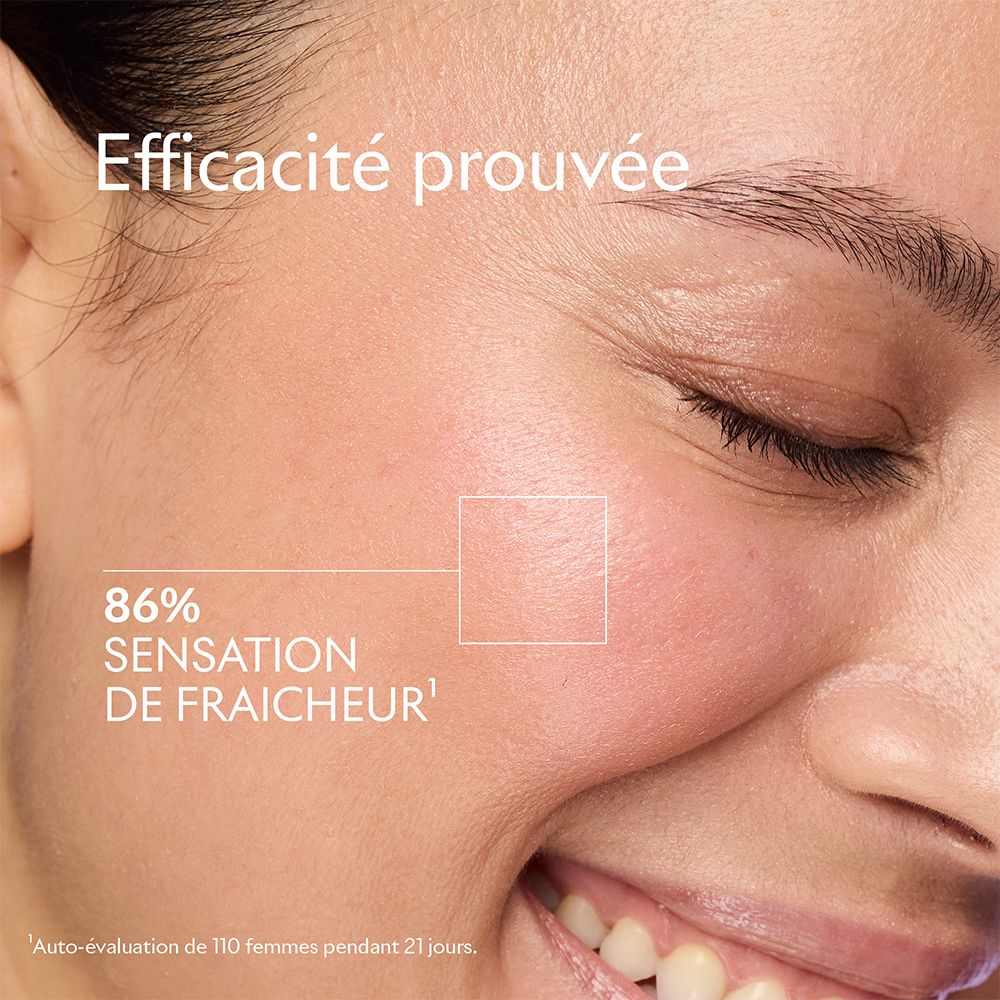 Visage d'une femme. Texte: 86% Sensation de Fraîcheur. Efficacité prouvée.