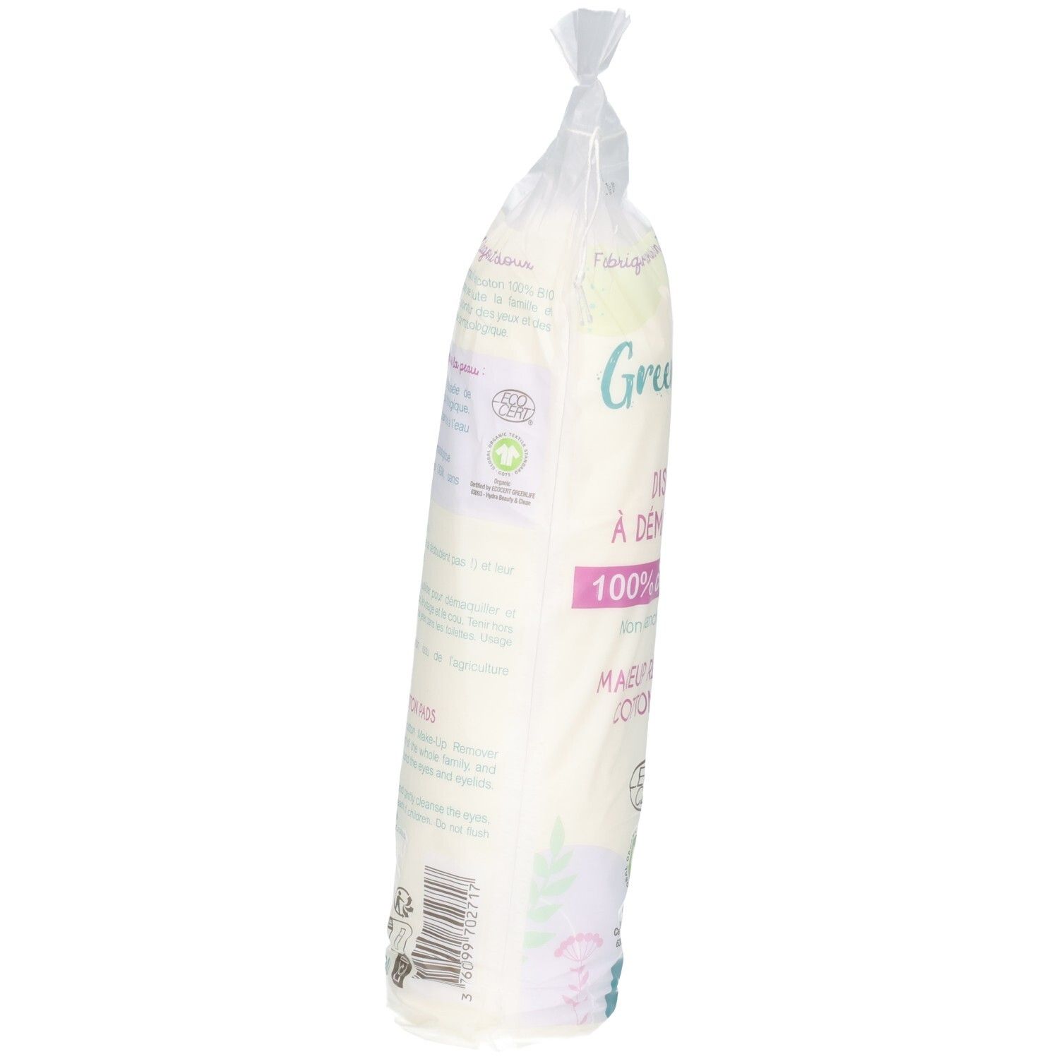 Vue latérale de 80 cotons démaquillants bio en coton dans un emballage transparent.