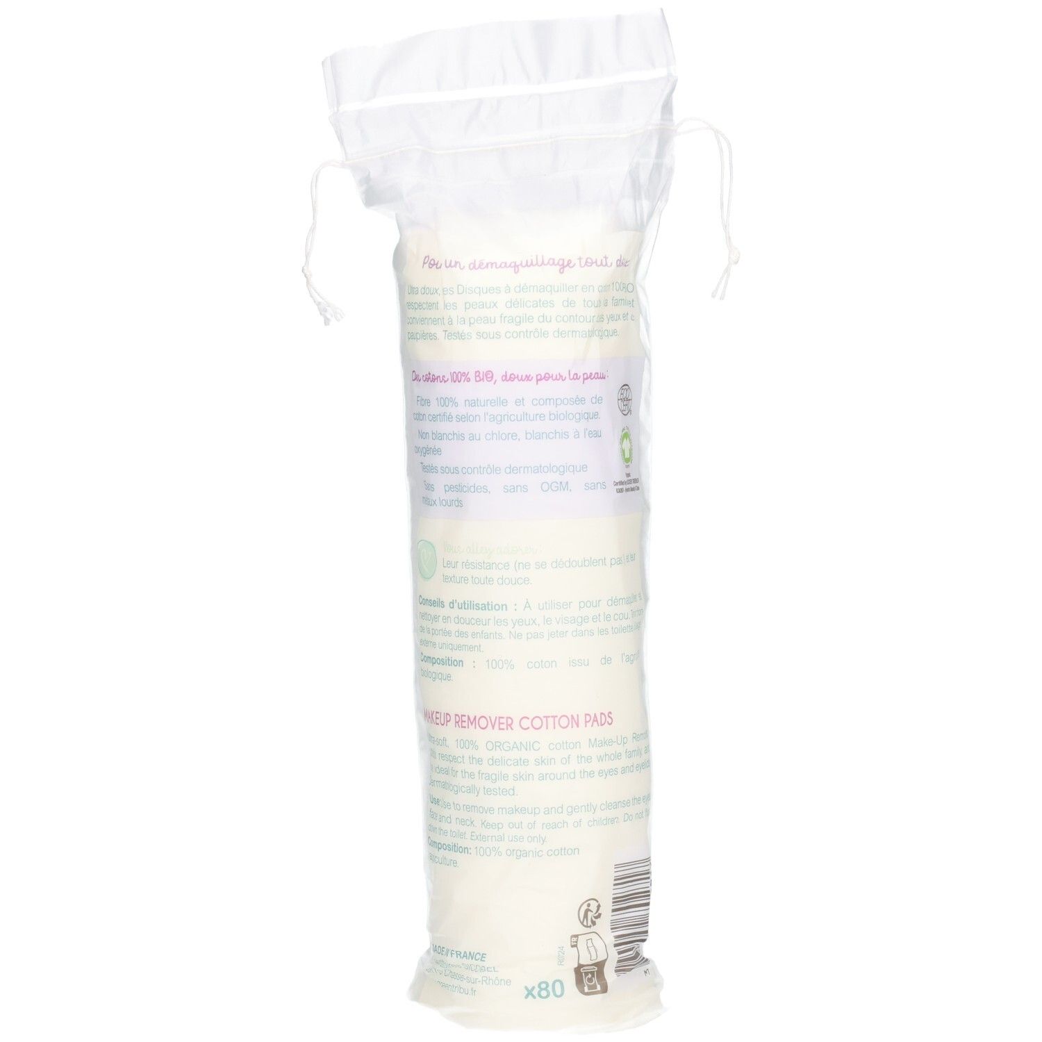 Vue arrière de 80 cotons démaquillants bio en coton dans un emballage transparent avec informations produit.