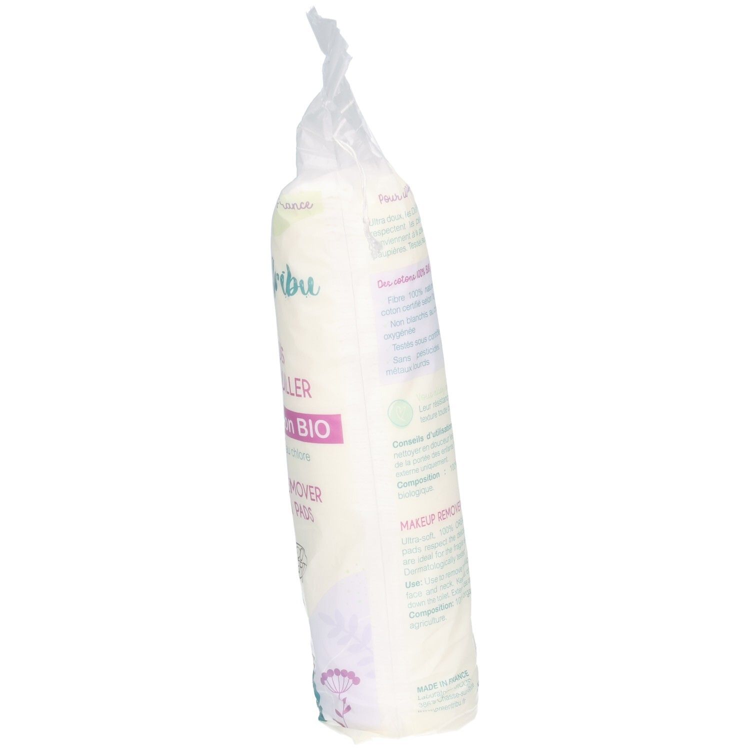 Vue latérale de 80 cotons démaquillants bio en coton dans un emballage transparent.