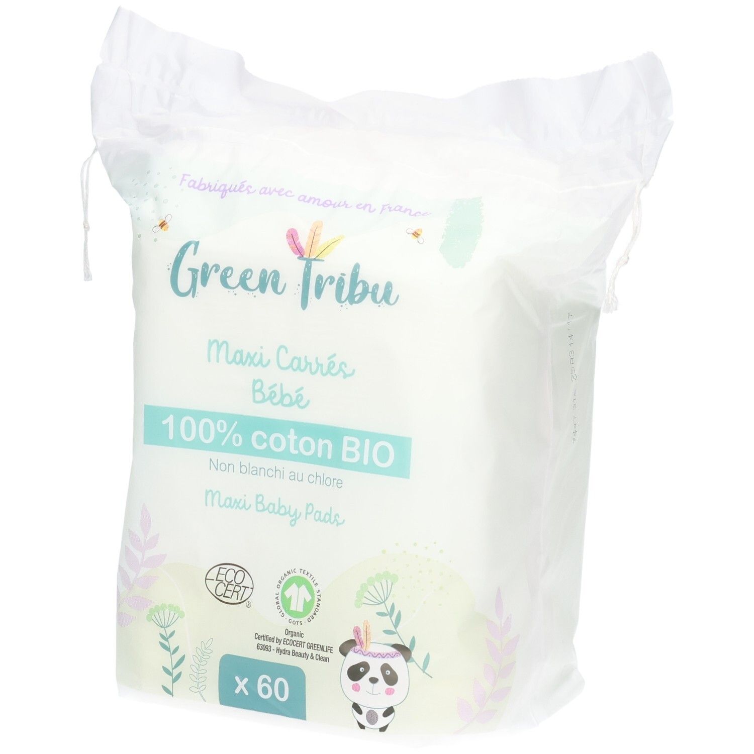 Green Tribu Maxi Carrés Bébé, 60 pads, 100% coton bio, non blanchis au chlore.