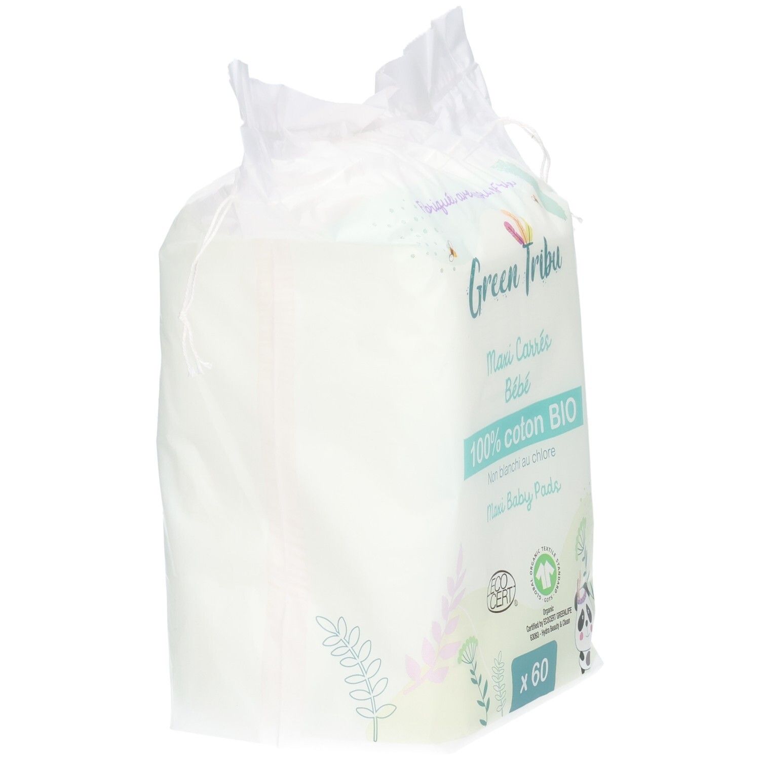 Green Tribu Maxi Carrés Bébé, 60 pads, 100% coton bio, non blanchis au chlore.