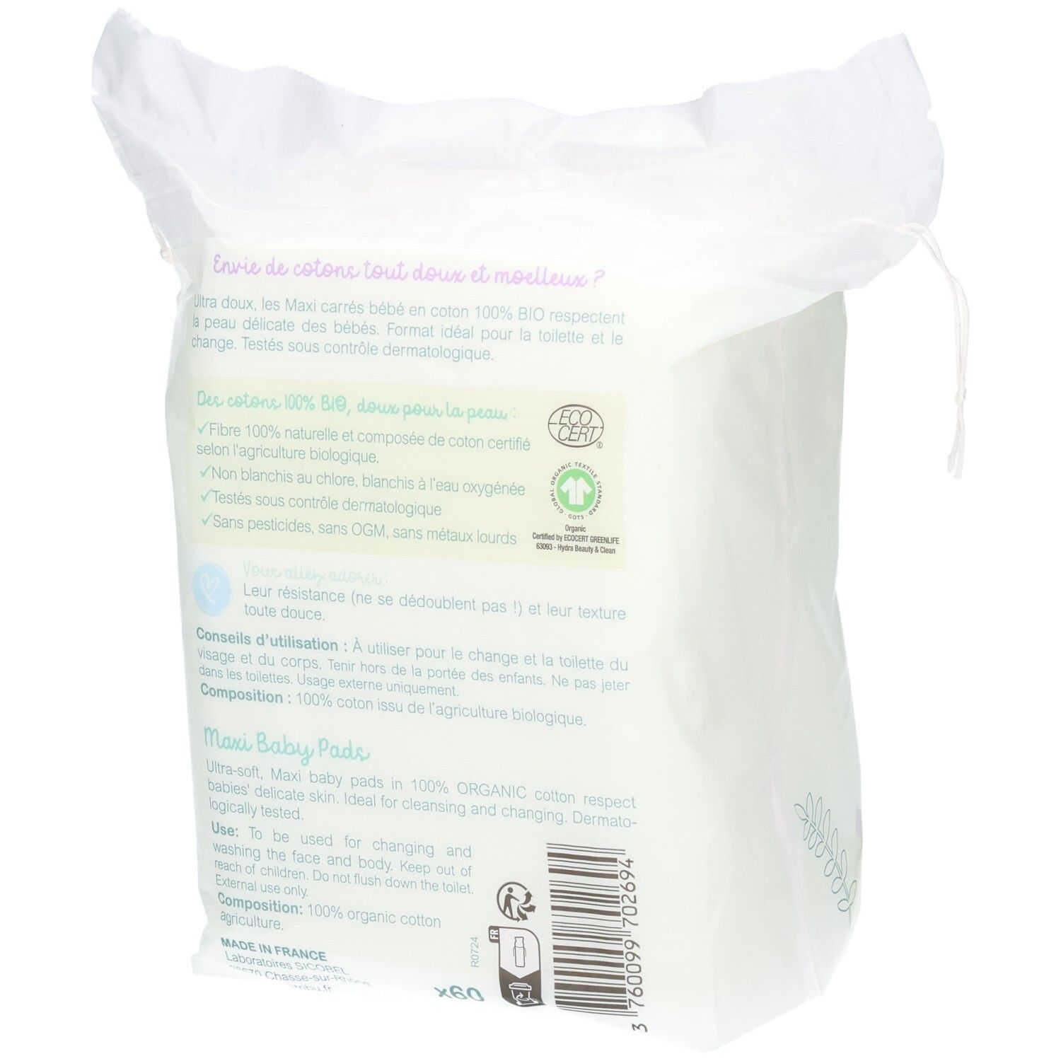 Arrière du paquet: Green Tribu Maxi Carrés Bébé, 60 pads, 100% coton bio, non blanchis.