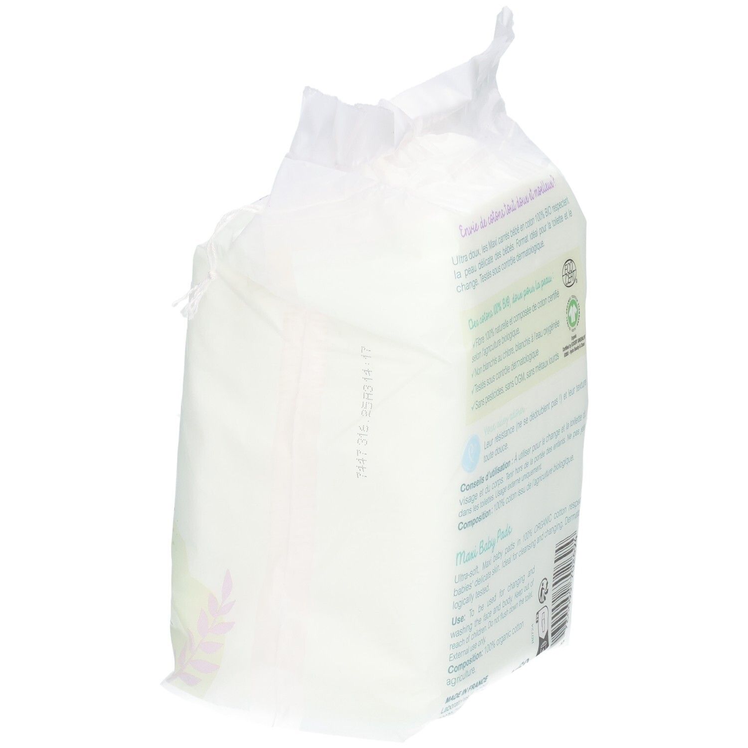Green Tribu Maxi Carrés Bébé, 60 pads, 100% coton bio, non blanchis au chlore.