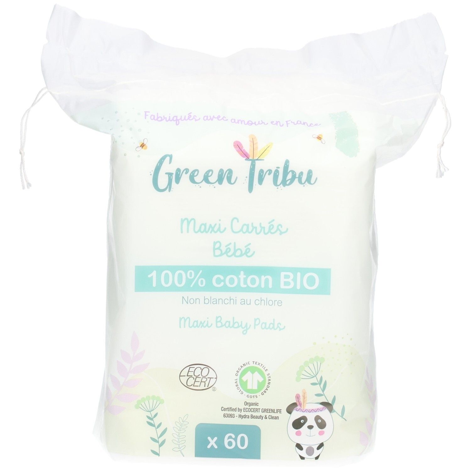 Green Tribu Maxi Carrés Bébé, 60 pads, 100% coton bio, non blanchis au chlore.