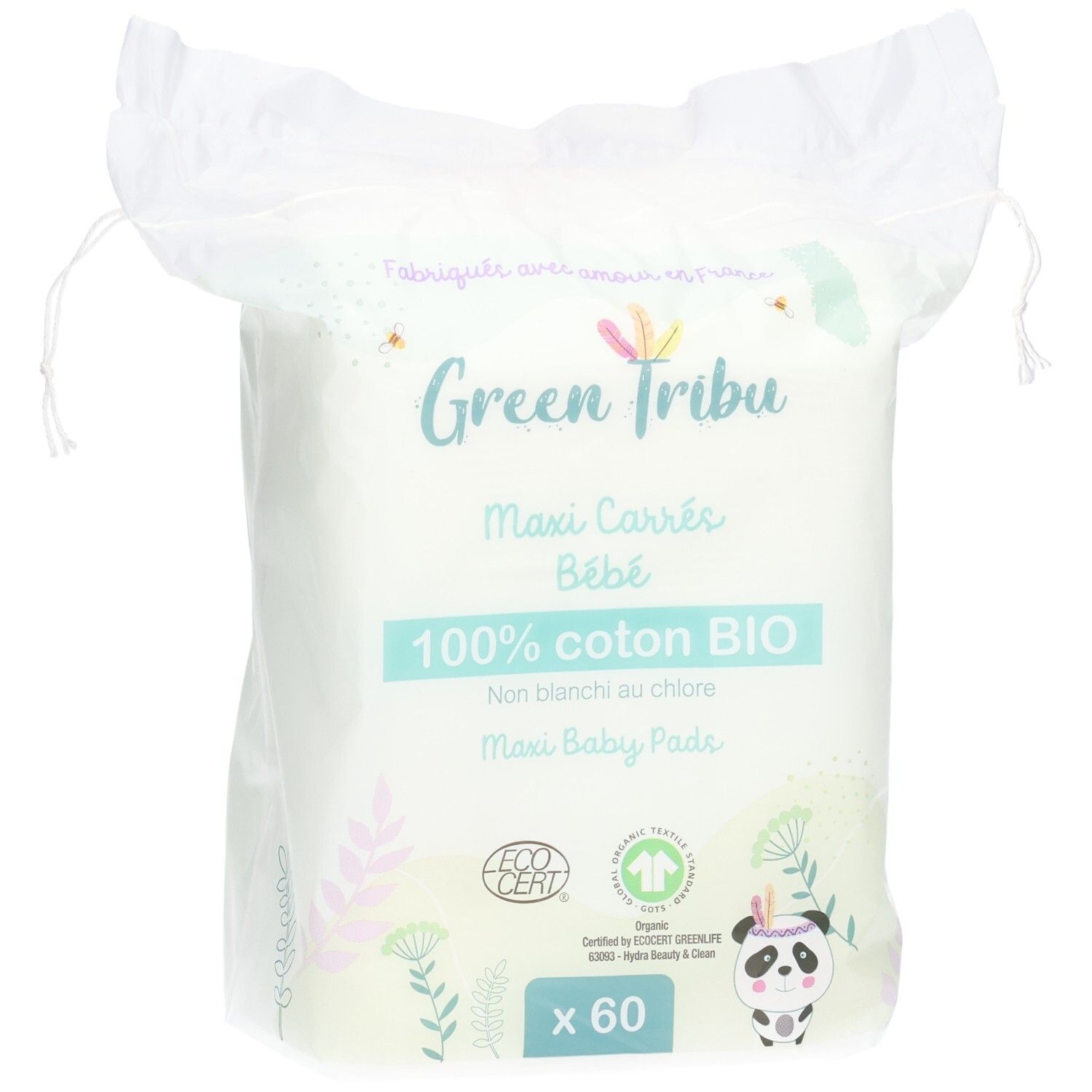 Green Tribu Maxi Carrés Bébé, 60 pads, 100% coton bio, non blanchis au chlore.
