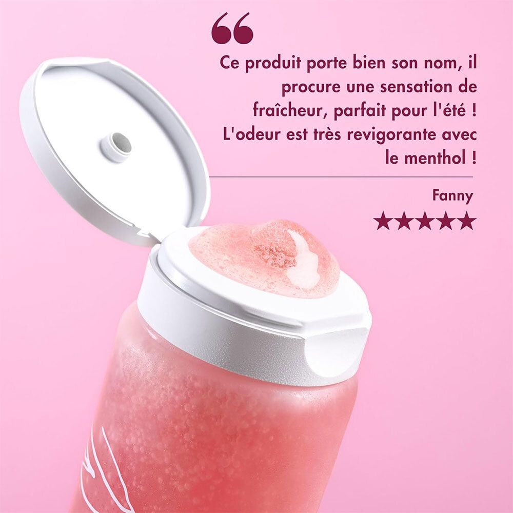 Tube de gel douche Melvita ouvert avec une citation sur la fraîcheur et l'odeur de menthol. Évaluation par étoiles visible.
