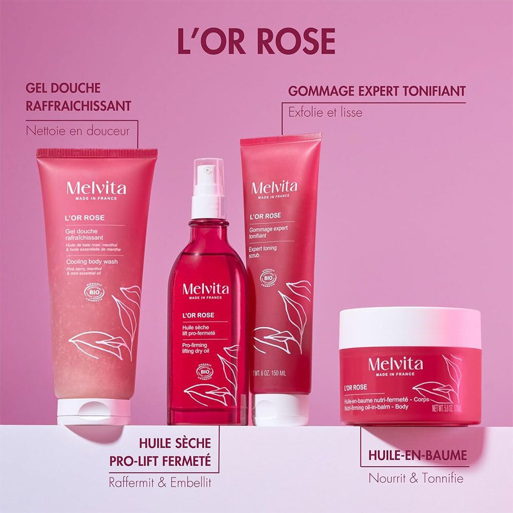 Gamme de produits Melvita L'OR ROSE. Gel douche, spray corporel, gommage et baume corporel. Emballage rose.