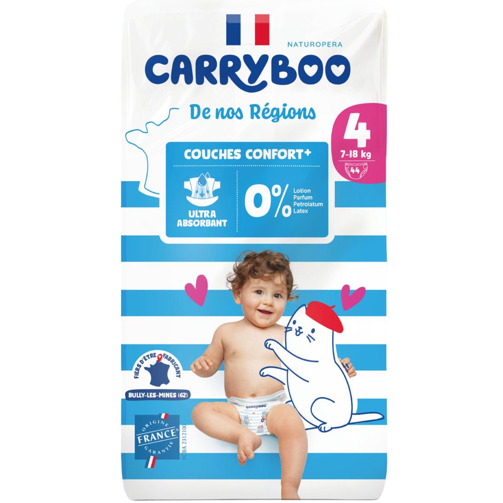 Couches Carryboo Taille 4, 7-18 kg, ultra-absorbantes, 0% lotion, parfum, latex.