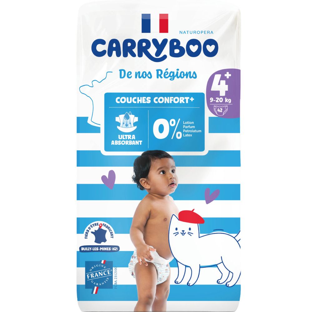 Couches Carryboo Taille 4+ (9-20kg), 42 unités. Ultra absorbantes, 0% lotion, parfum, latex.
