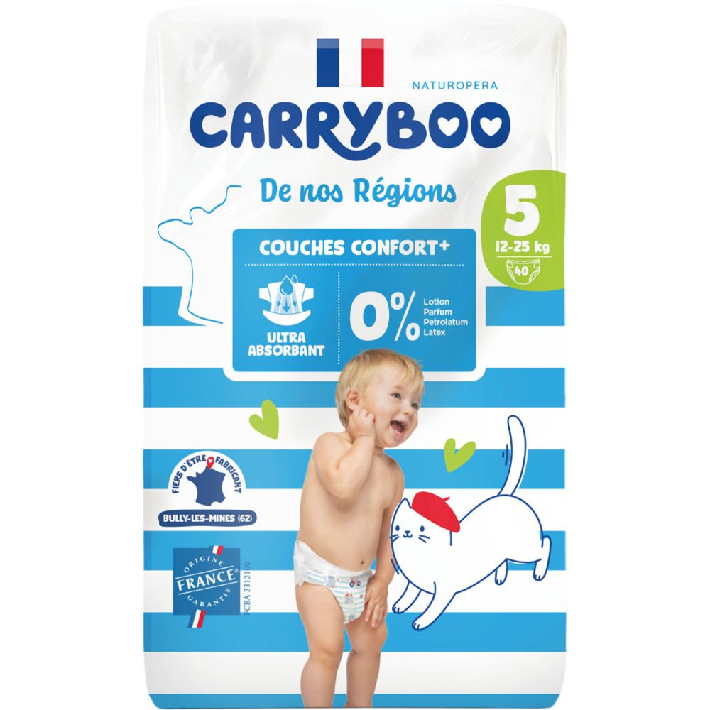 Couches Carryboo Taille 5 (12-25kg), ultra-absorbantes, 0% Latex, Parfum, Lotions.