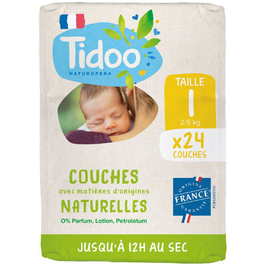 Tidoo Couches écologiques Taille 1, paquet de 24. Couches naturelles pour bébés de 2-5 kg.