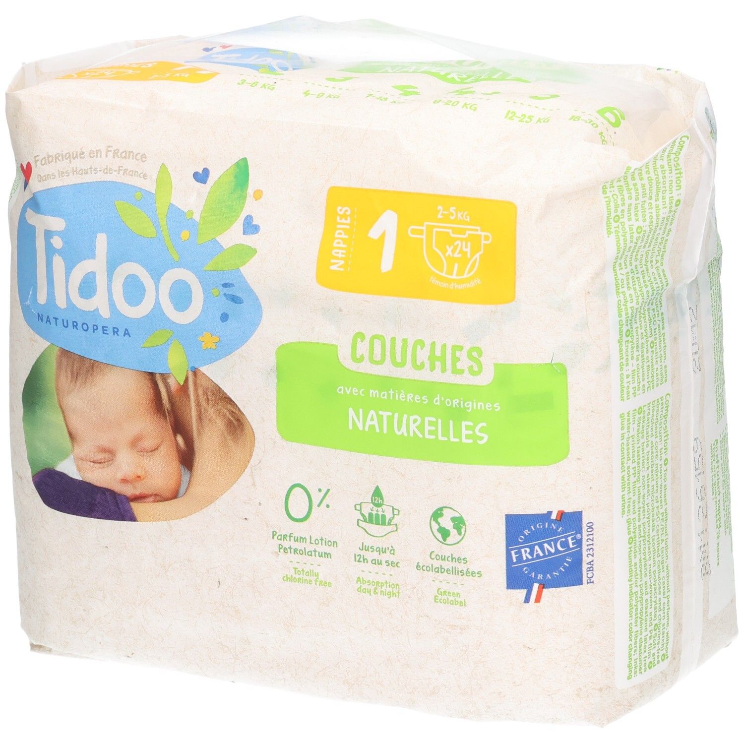 Tidoo Couches écologiques Taille 1, paquet de 24. Couches naturelles pour bébés de 2-5 kg.