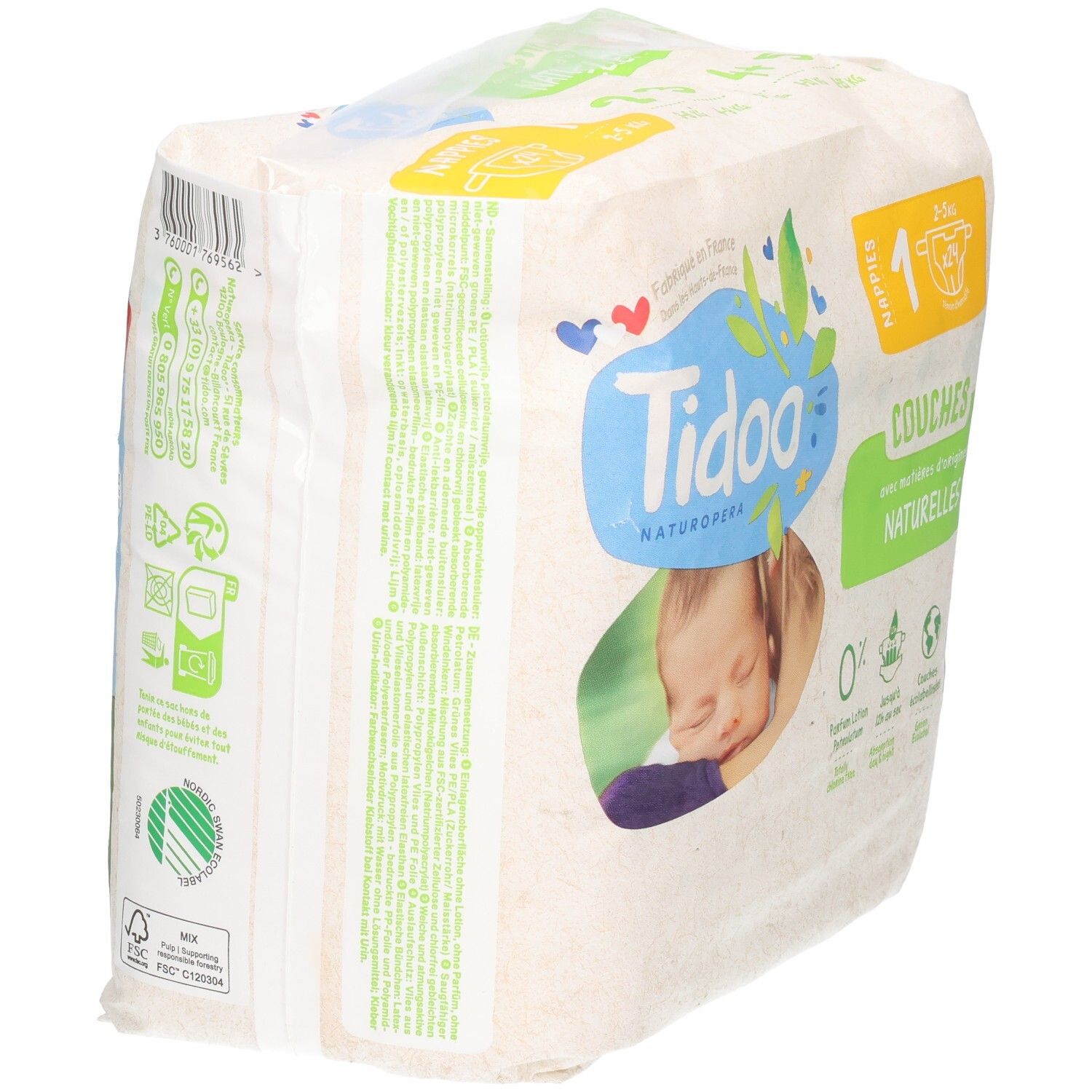 Tidoo Couches écologiques Taille 1, paquet de 24. Couches naturelles pour bébés de 2-5 kg.