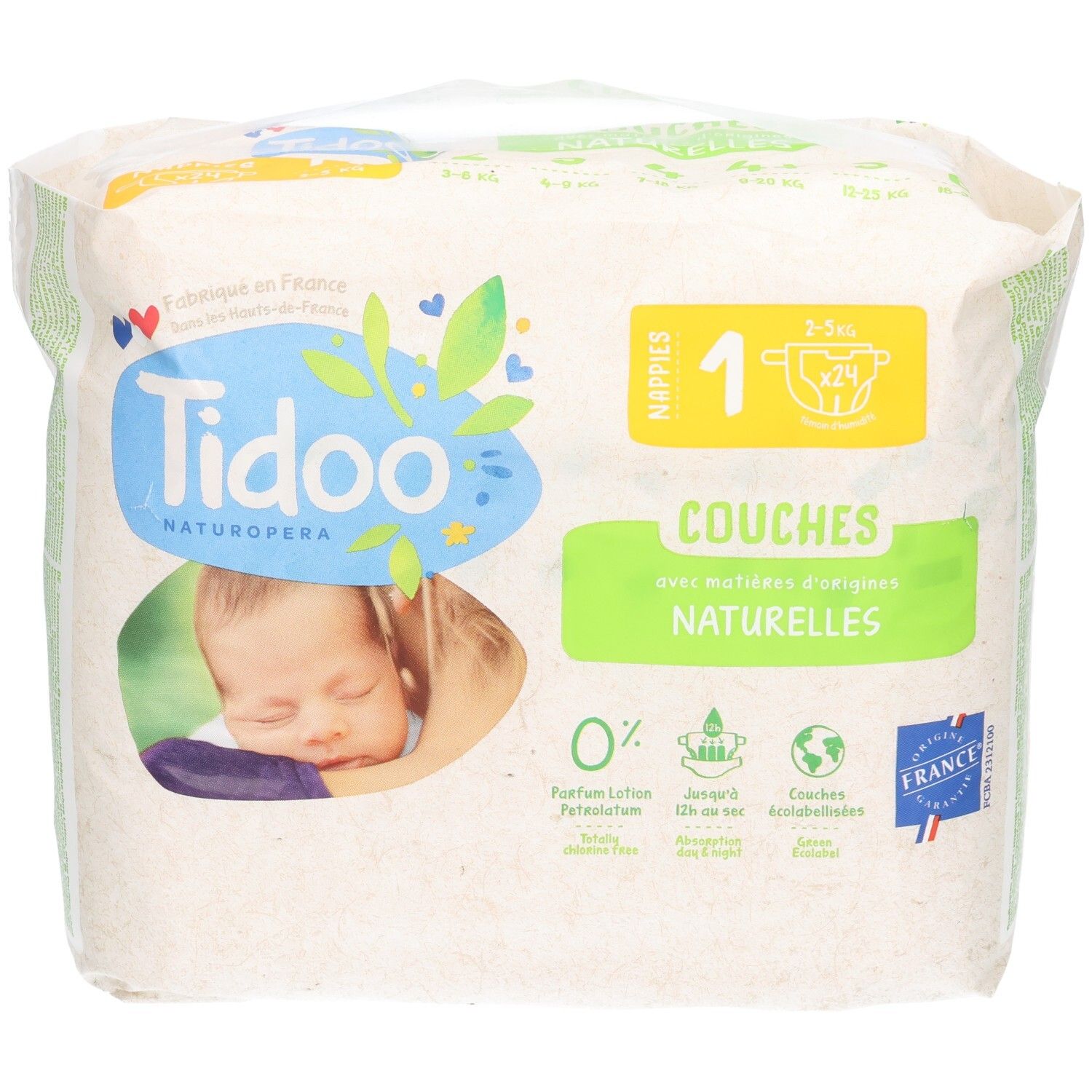 Tidoo Couches écologiques Taille 1, paquet de 24. Couches naturelles pour bébés de 2-5 kg.