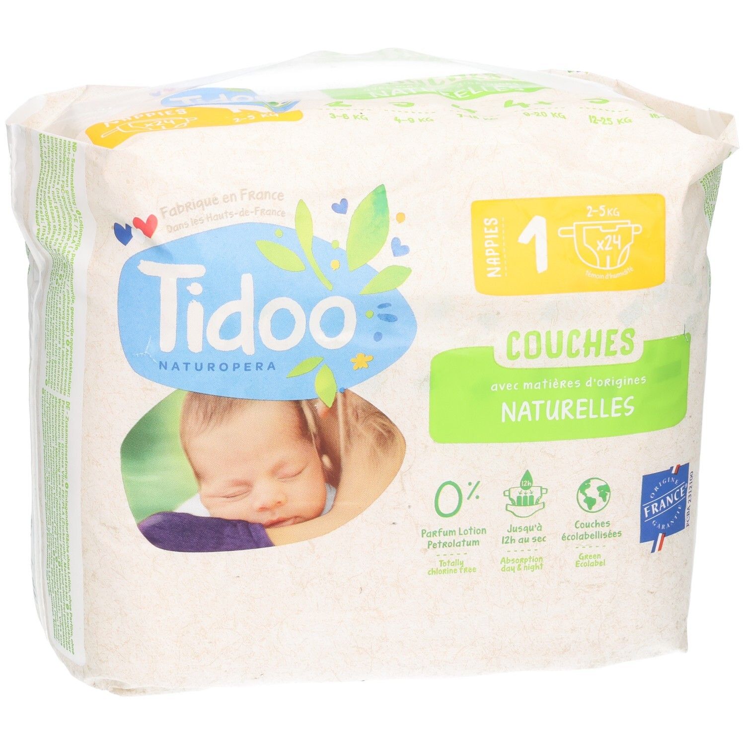 Tidoo Couches écologiques Taille 1, paquet de 24. Couches naturelles pour bébés de 2-5 kg.