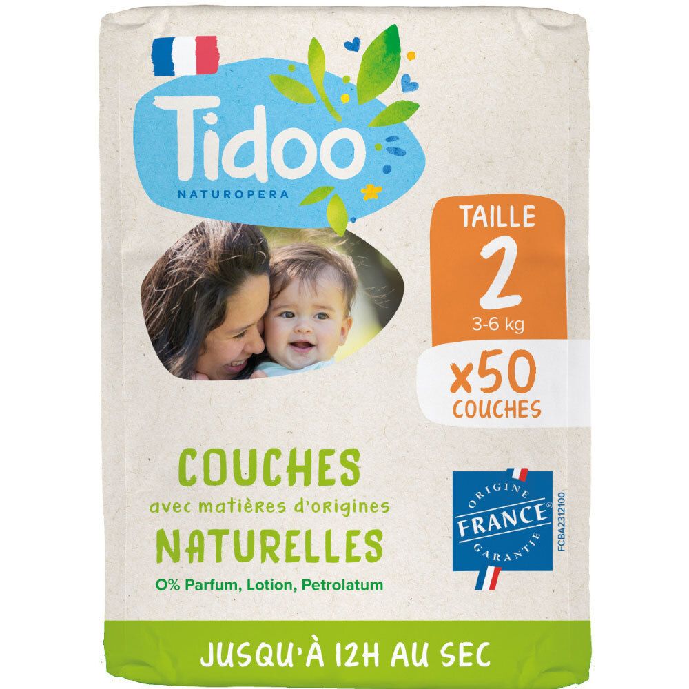 Tidoo Couches écologiques Taille 2, 3-6 kg, 50 couches. Fabriqué en France.