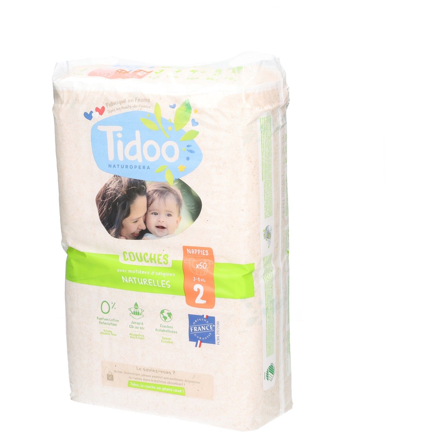 Tidoo Couches écologiques Taille 2, 3-6 kg, 50 couches. Fabriqué en France.