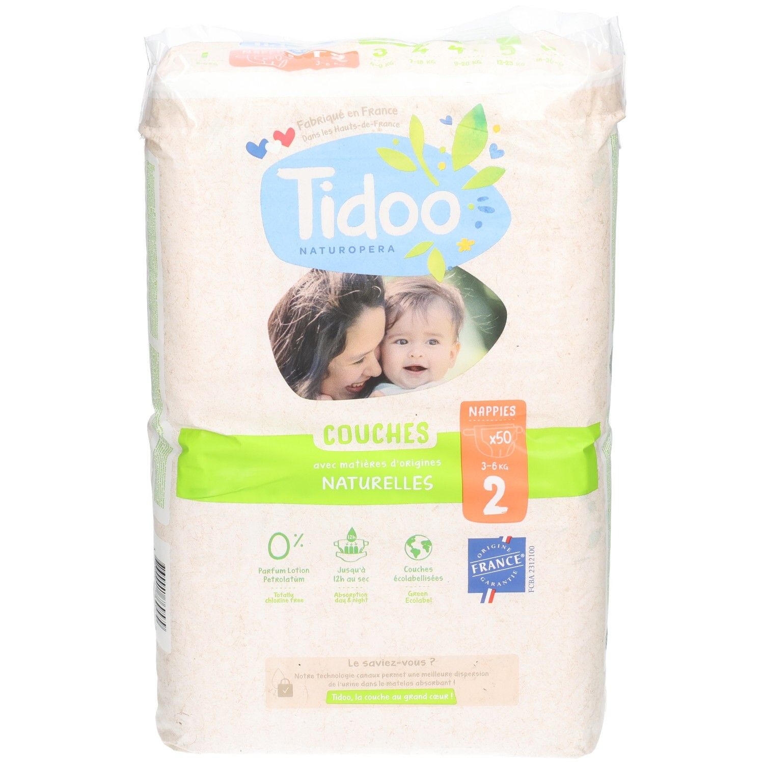 Tidoo Couches écologiques Taille 2, 3-6 kg, 50 couches. Fabriqué en France.
