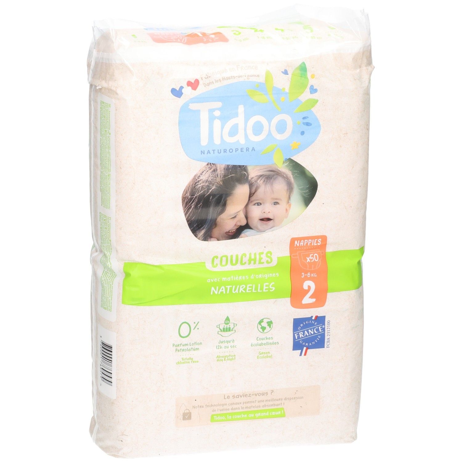 Tidoo Couches écologiques Taille 2, 3-6 kg, 50 couches. Fabriqué en France.
