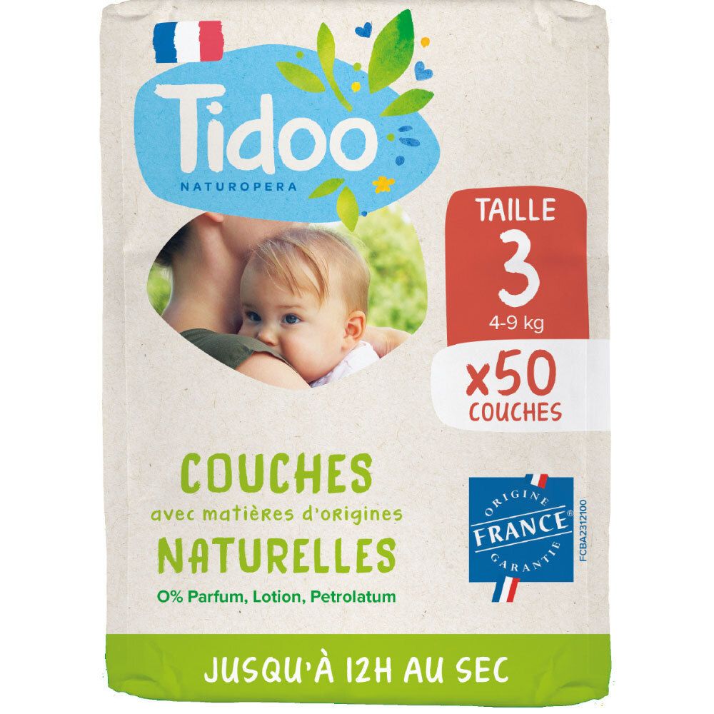 Tidoo Couches Taille 3, 50 unités. Ingrédients naturels, 0% Parfum, Lotion, Petrolatum. Fabriqué en France.