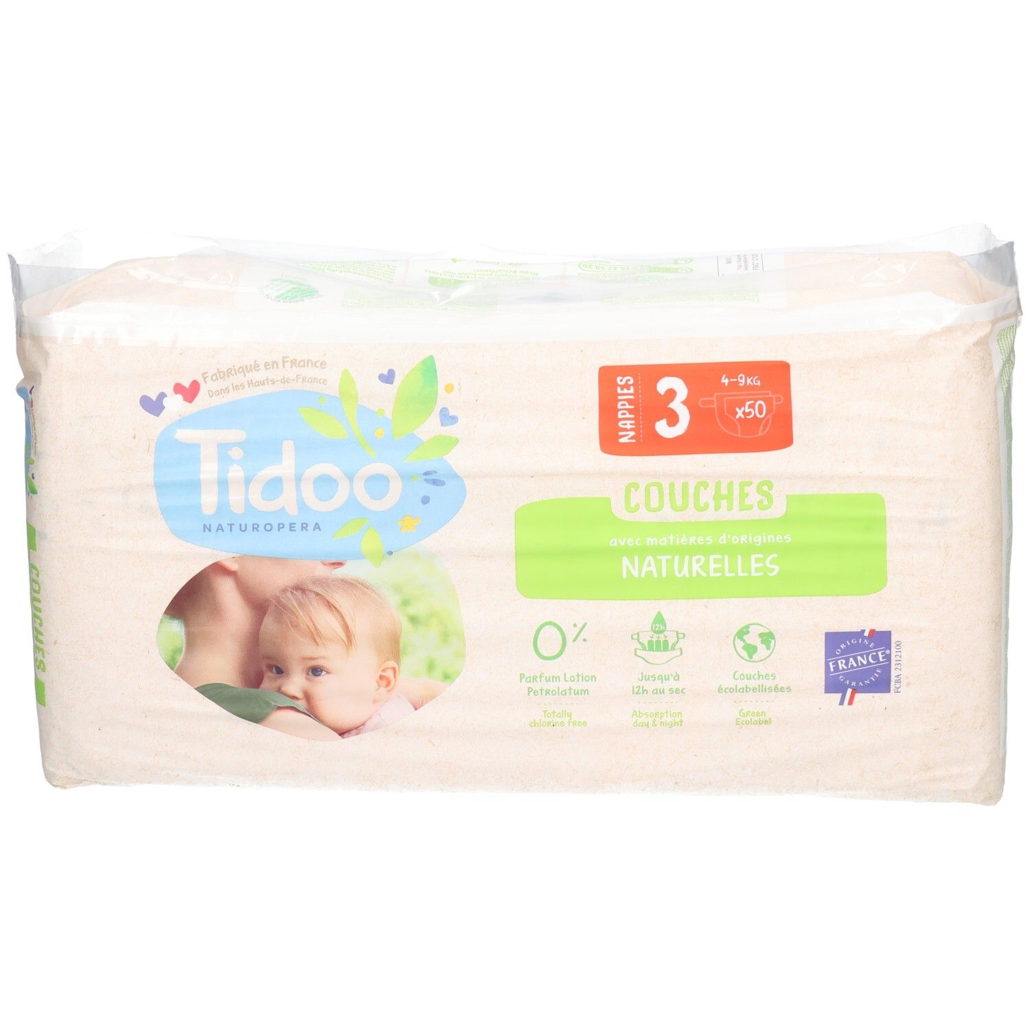 Tidoo Couches Taille 3, 50 unités. Ingrédients naturels, 0% Parfum, Lotion, Petrolatum. Fabriqué en France.