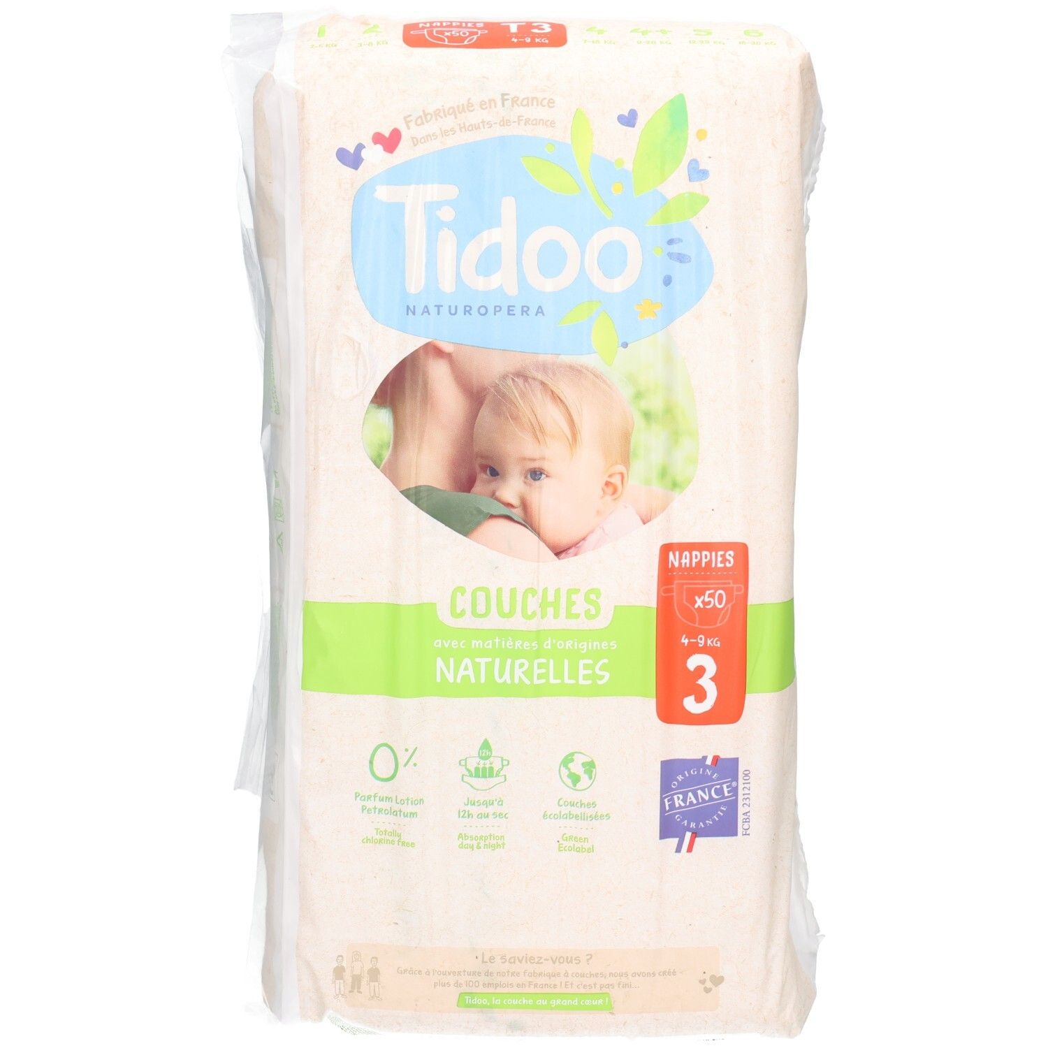 Tidoo Couches Taille 3, 50 unités. Ingrédients naturels, 0% Parfum, Lotion, Petrolatum. Fabriqué en France.