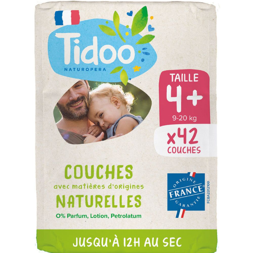 Tidoo Naturopera Couches Taille 4+, 42 couches. Couches naturelles, 0% Parfum, Lotion, Petrolatum. Fabriqué en France.