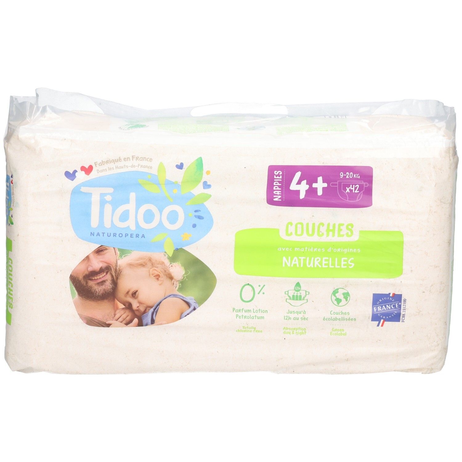 Tidoo Naturopera Couches Taille 4+, 42 couches. Couches naturelles, 0% Parfum, Lotion, Petrolatum. Fabriqué en France.
