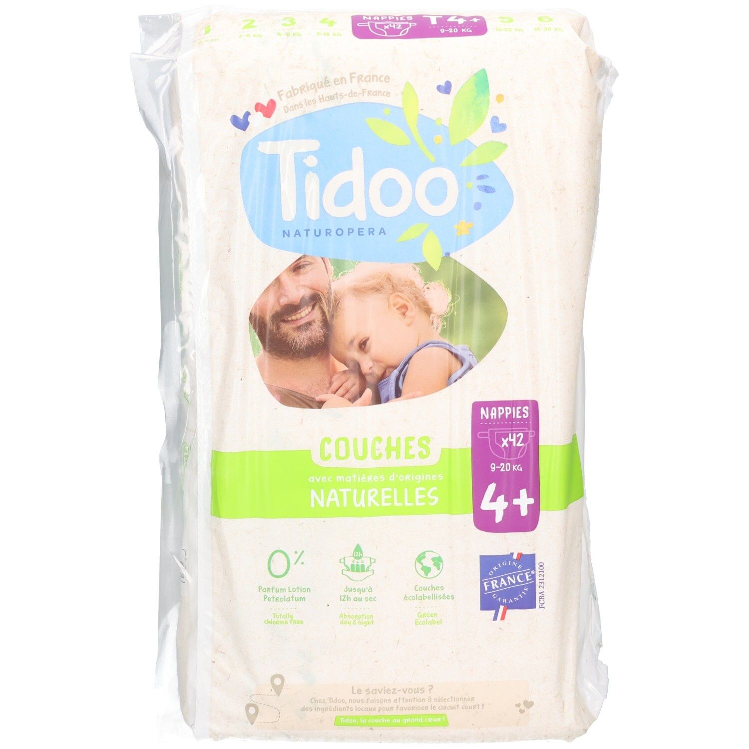 Tidoo Naturopera Couches Taille 4+, 42 couches. Couches naturelles, 0% Parfum, Lotion, Petrolatum. Fabriqué en France.