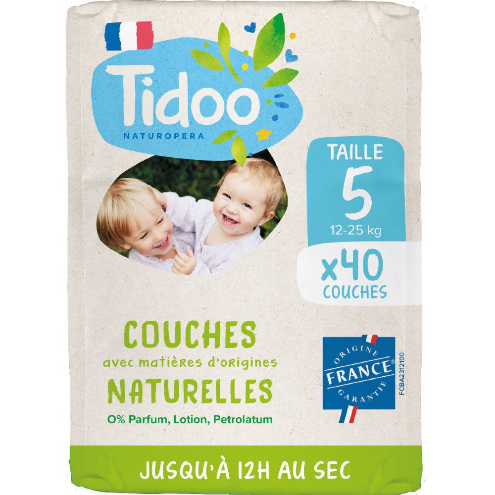 Pack de couches Tidoo taille 5, 40 couches, pour 12-25 kg. Matières naturelles, sans parfum.