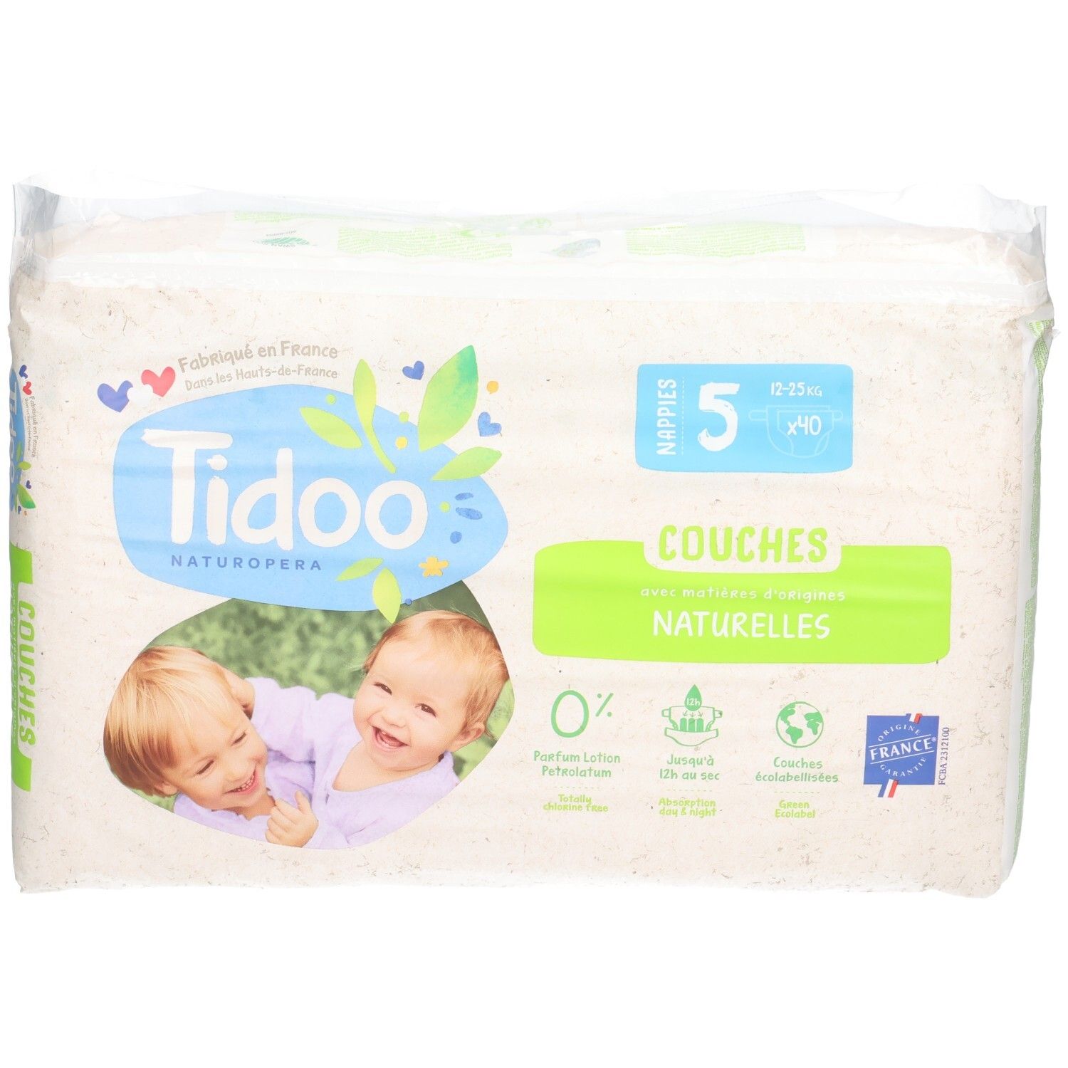 Pack de couches Tidoo Naturals, taille 5, 40 couches. Fabriqué en France.