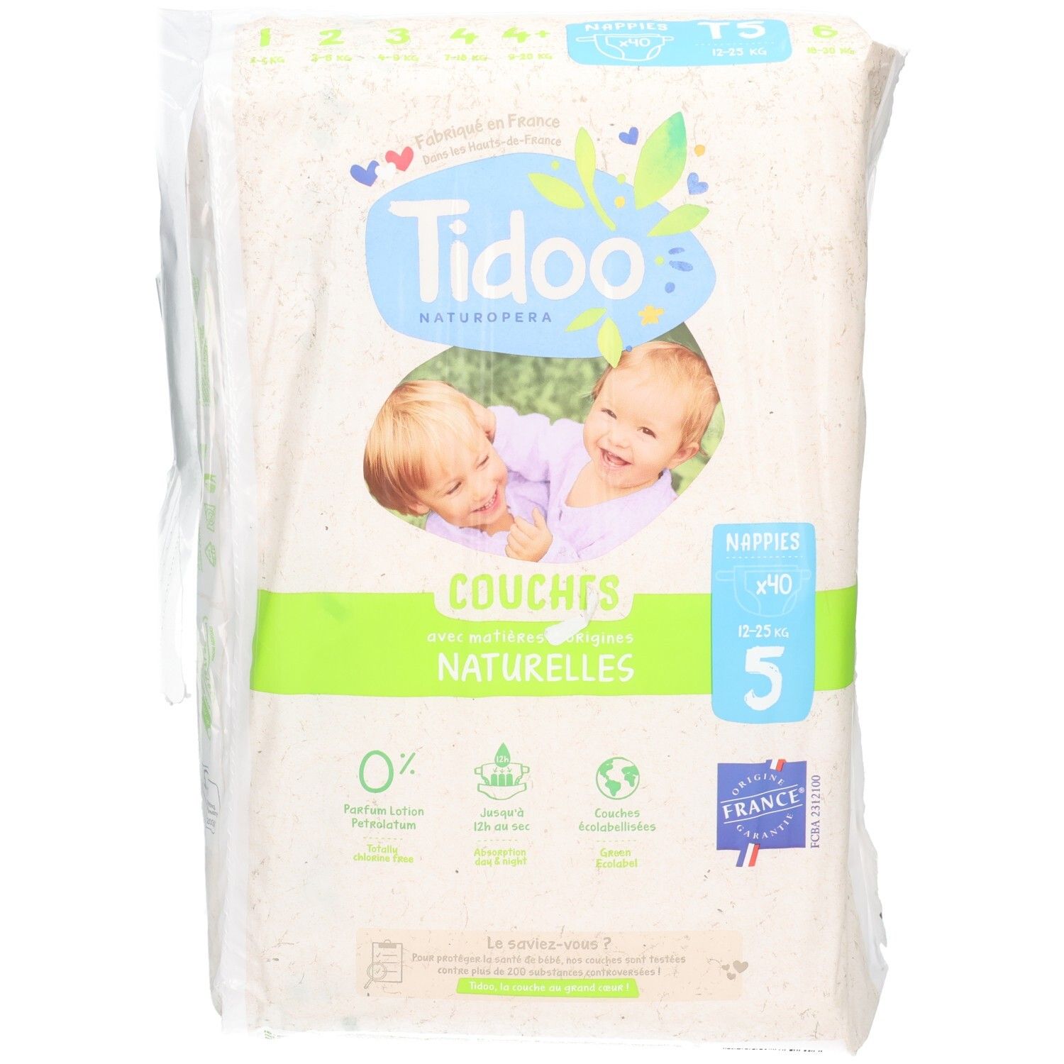 Tidoo Naturopéra Couches, taille 5, lot de 40. Couches naturelles avec deux bébés souriants sur l'emballage.