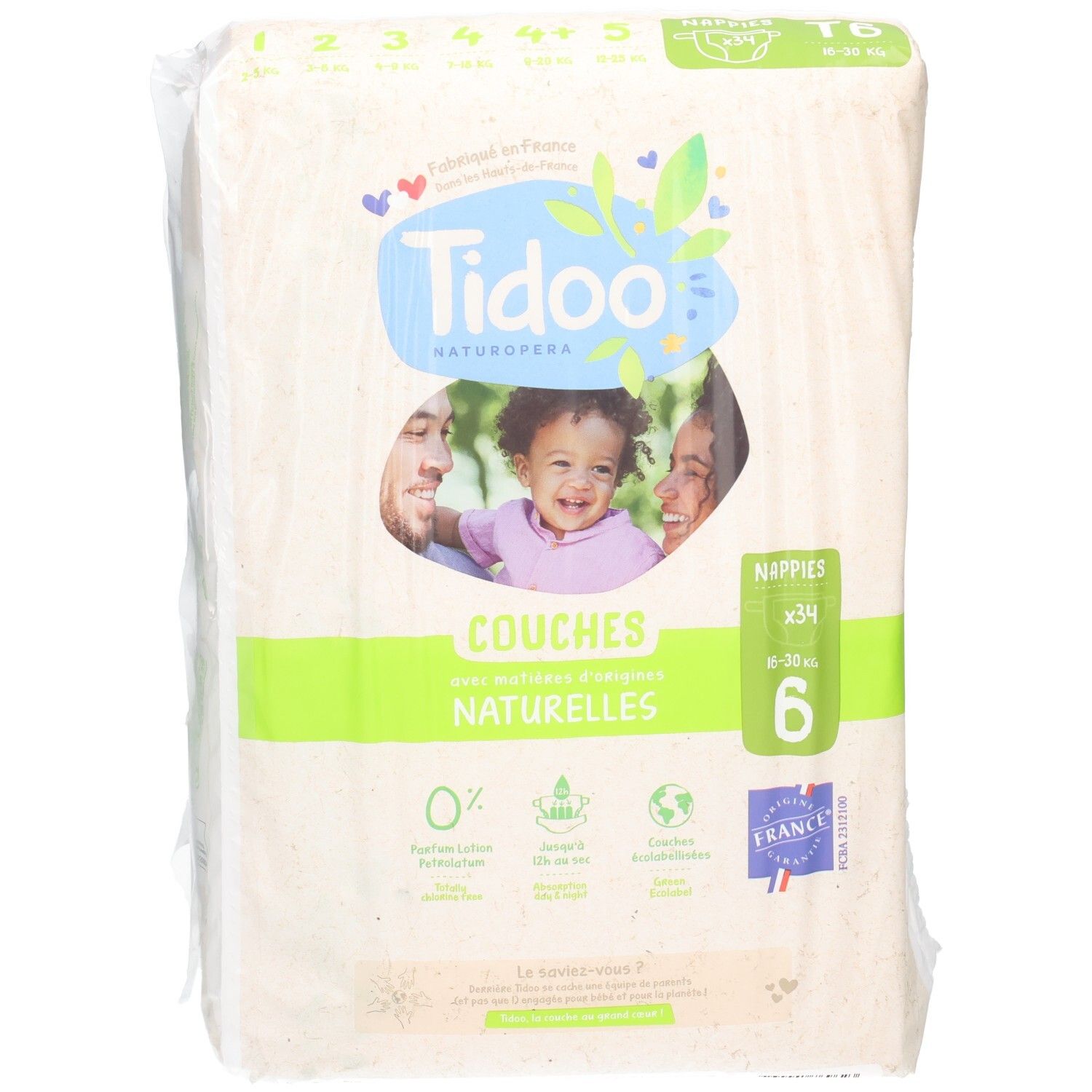 Tidoo Couches écologiques Taille 6, 34 couches. Fabriqué in France.