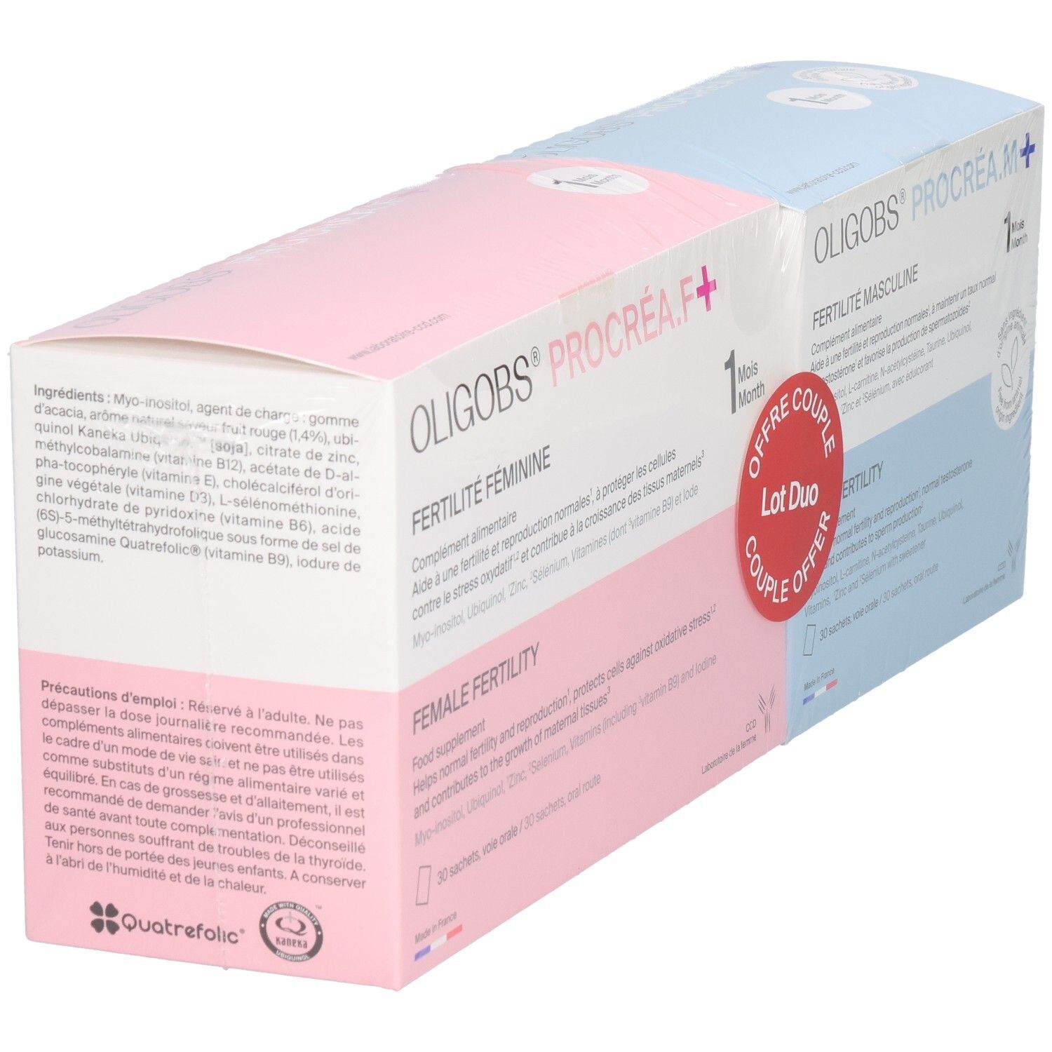 Arrière des boîtes OLIGOBS PROCREA.F+ et PROCREA.M+ avec listes d'ingrédients et instructions.